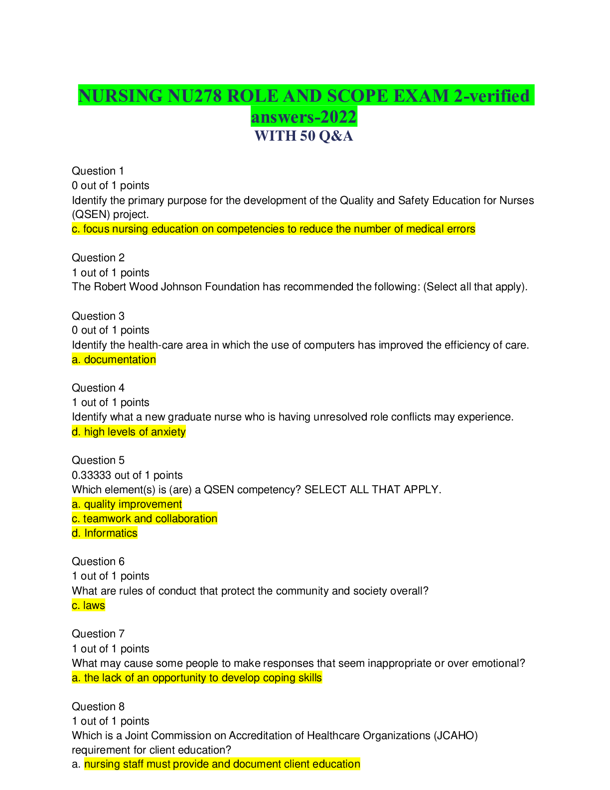 Preview of NURSING NU278 ROLE AND SCOPE EXAM 2-verified answers-2022